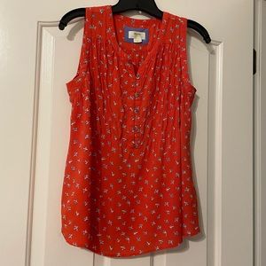 Maeve Red Sleeveless Button Front Pintuck Blouse with Blue Floral Print